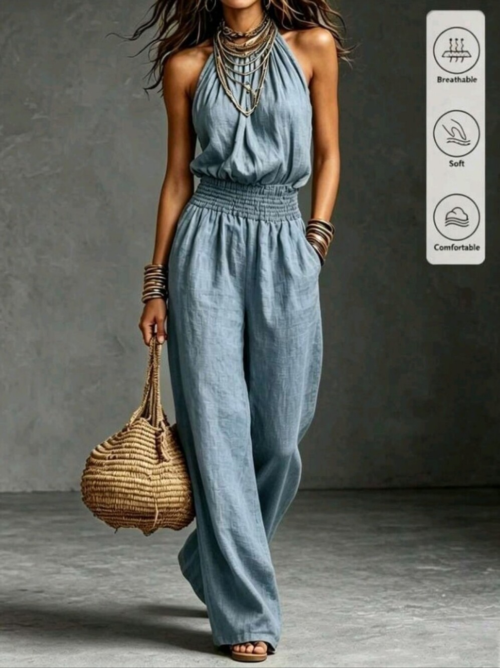 Elegant French Vintage Brown Long Women's Jumpsuit With Shirred Waist
